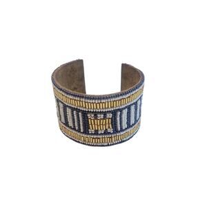 Vintage 1930s Greek Key Beaded Cuff Bracelet Navy Gold White